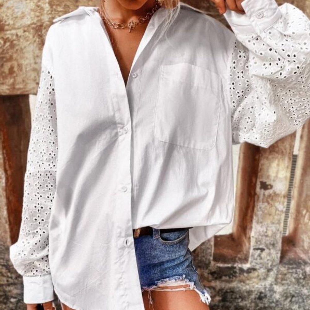 Eyelet Embroidery Drop Shoulder Patched Pocket Blouse - Picture 4 of 5